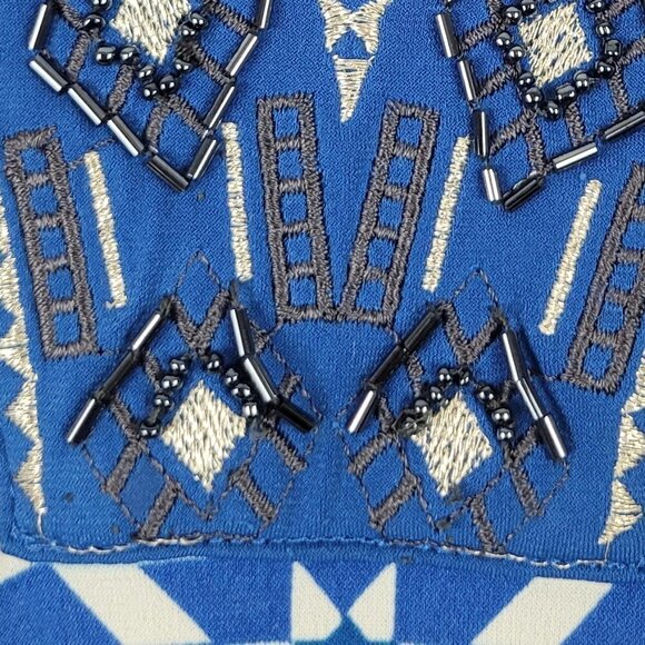 Stitch Fix 41 Hawthorn Mora Blue Stretch Knit Print Beaded Neck Dress L - Picture 9 of 9